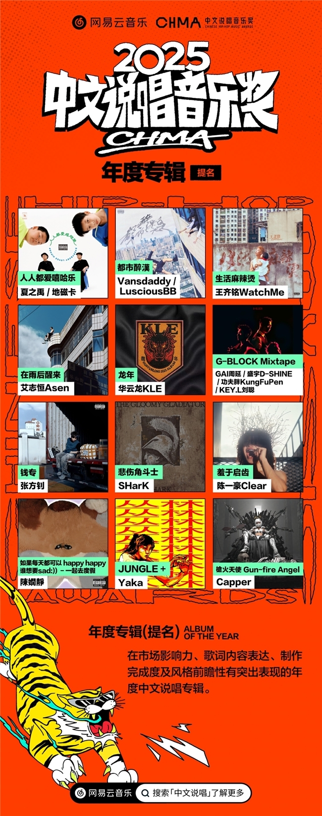网易云音乐2025中文说唱音乐奖提名揭晓 艾志恒陈一豪华云龙夏之禹等均收获多项提名