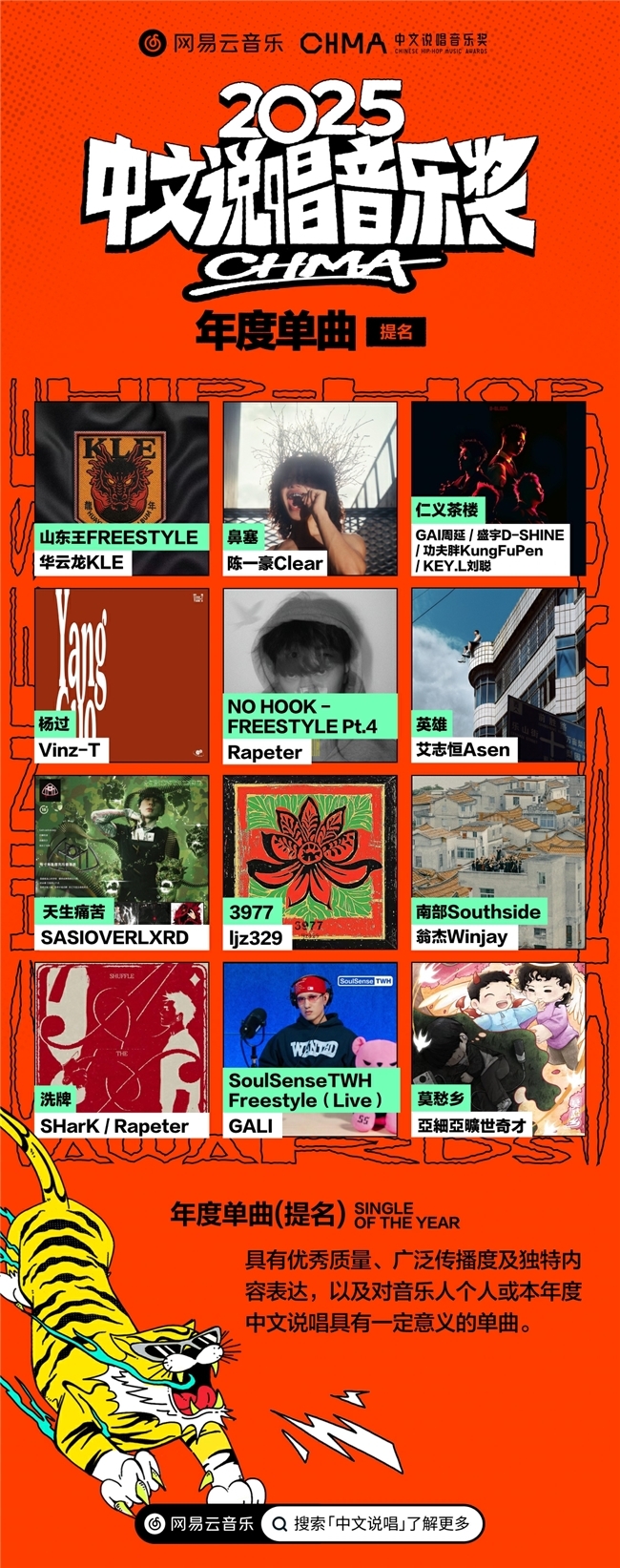 网易云音乐2025中文说唱音乐奖提名揭晓 艾志恒陈一豪华云龙夏之禹等均收获多项提名
